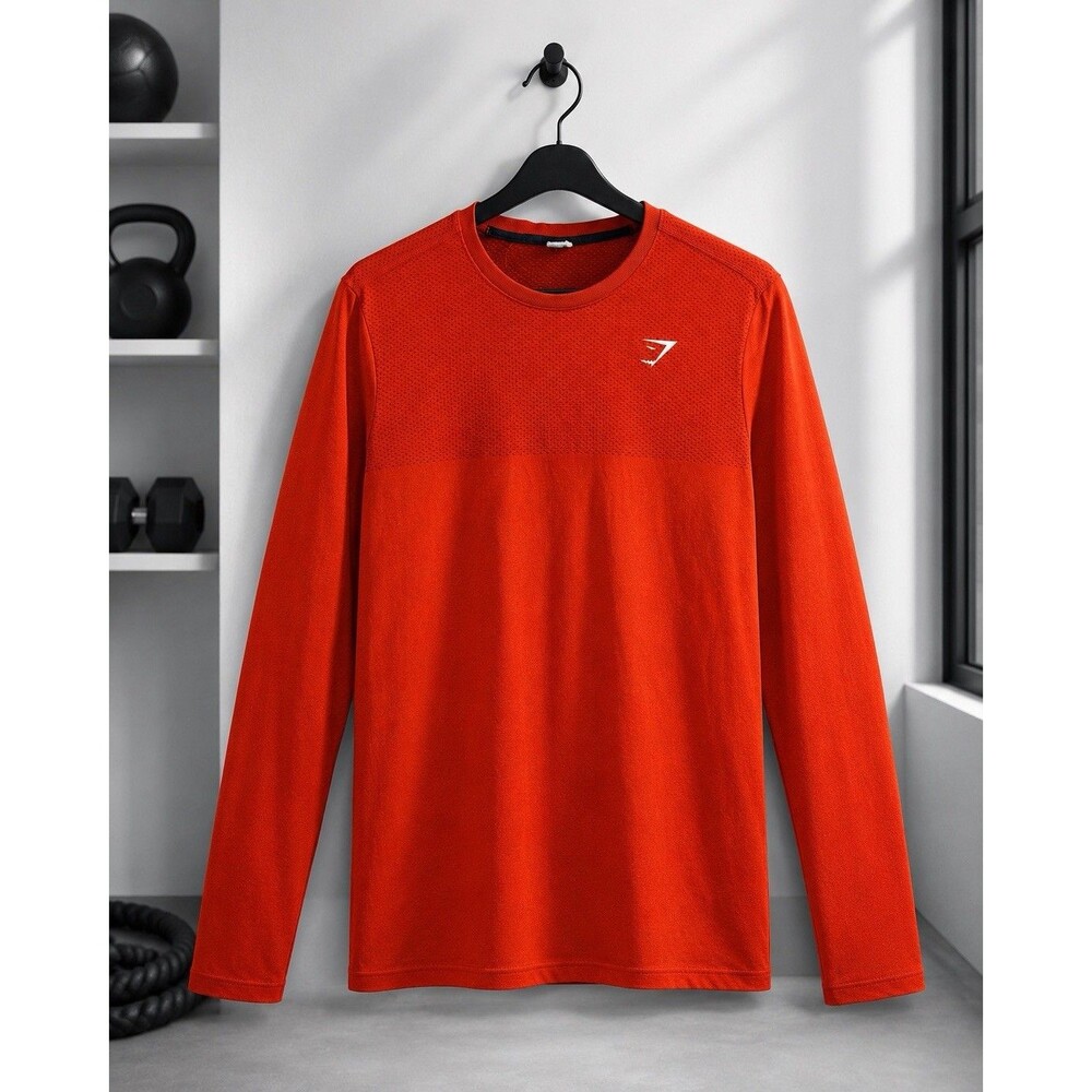 Gymshark Men’s Approx L Red Orange Long Sleeve Mesh Athletic Training Shirt